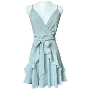 Altar’d State Ruffle Mini Dress Sage Green Blue Wrap Fit Flare S